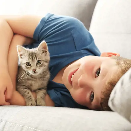 Little boy smiling with a kitten in his arms